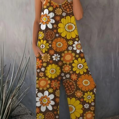 Plus Size Women's Allover Printed Pattern Camisole Casual Street Jumpsuit Pants