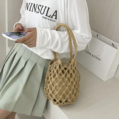 lightweight rattan bucket bag for beach and travel