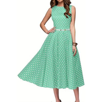 Women’s Vintage Polka Dot Sleeveless Dress – O-Neck A-Line Summer Cocktail Party Dress