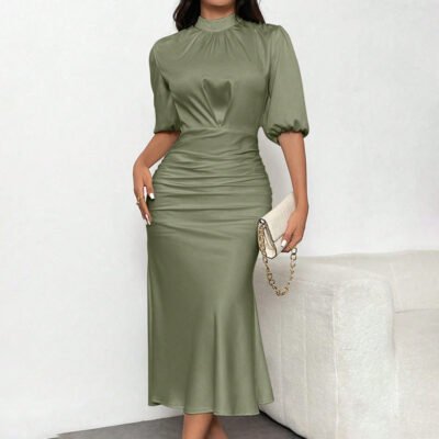 Women’s Short Sleeve Mock Neck Ruched Midi Dress – Slim Fit Elegant Party & Evening Dress
