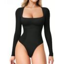 Women's Long Sleeve Square Neck Tummy Shaper Bodysuit Sexy Slimming Elegant Lingerie