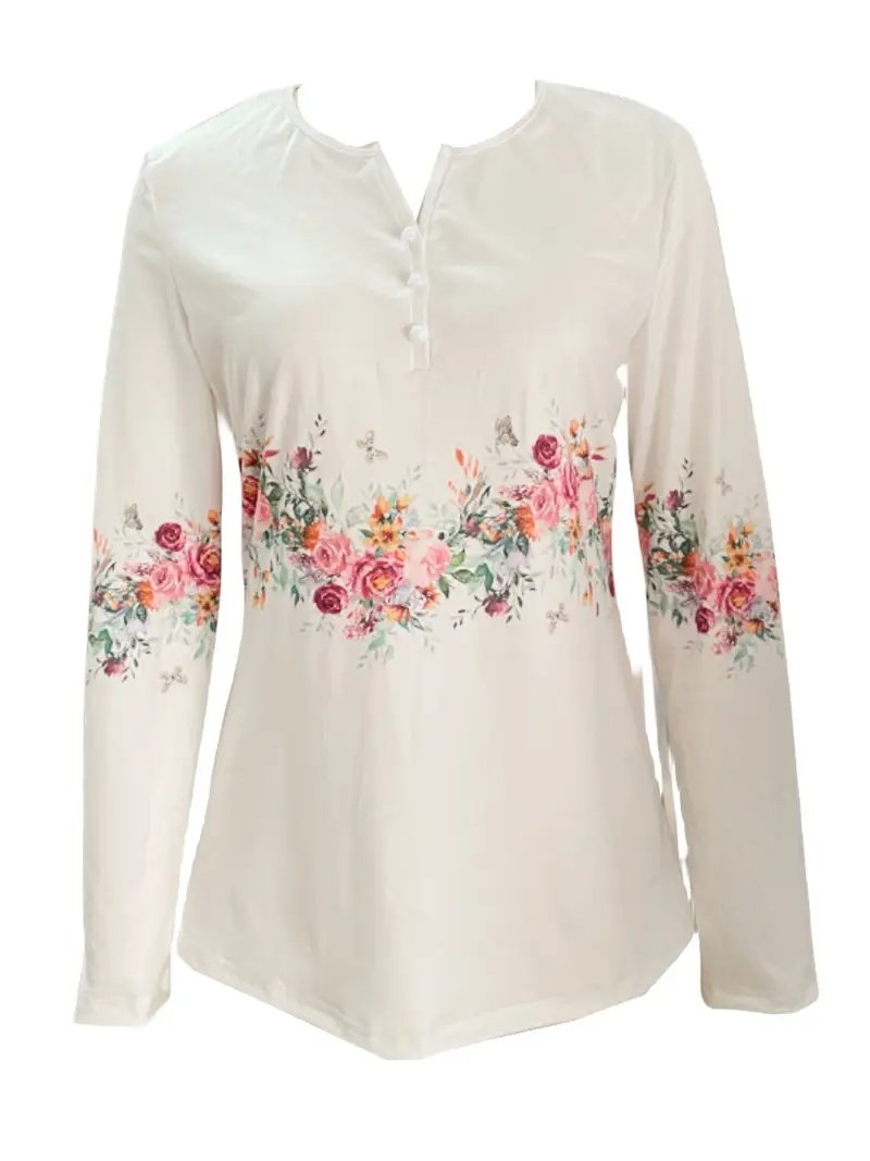 Spring And Autumn New Style White Buttoned Rose Print Long Sleeve T-shirt Casual Top - Image 3
