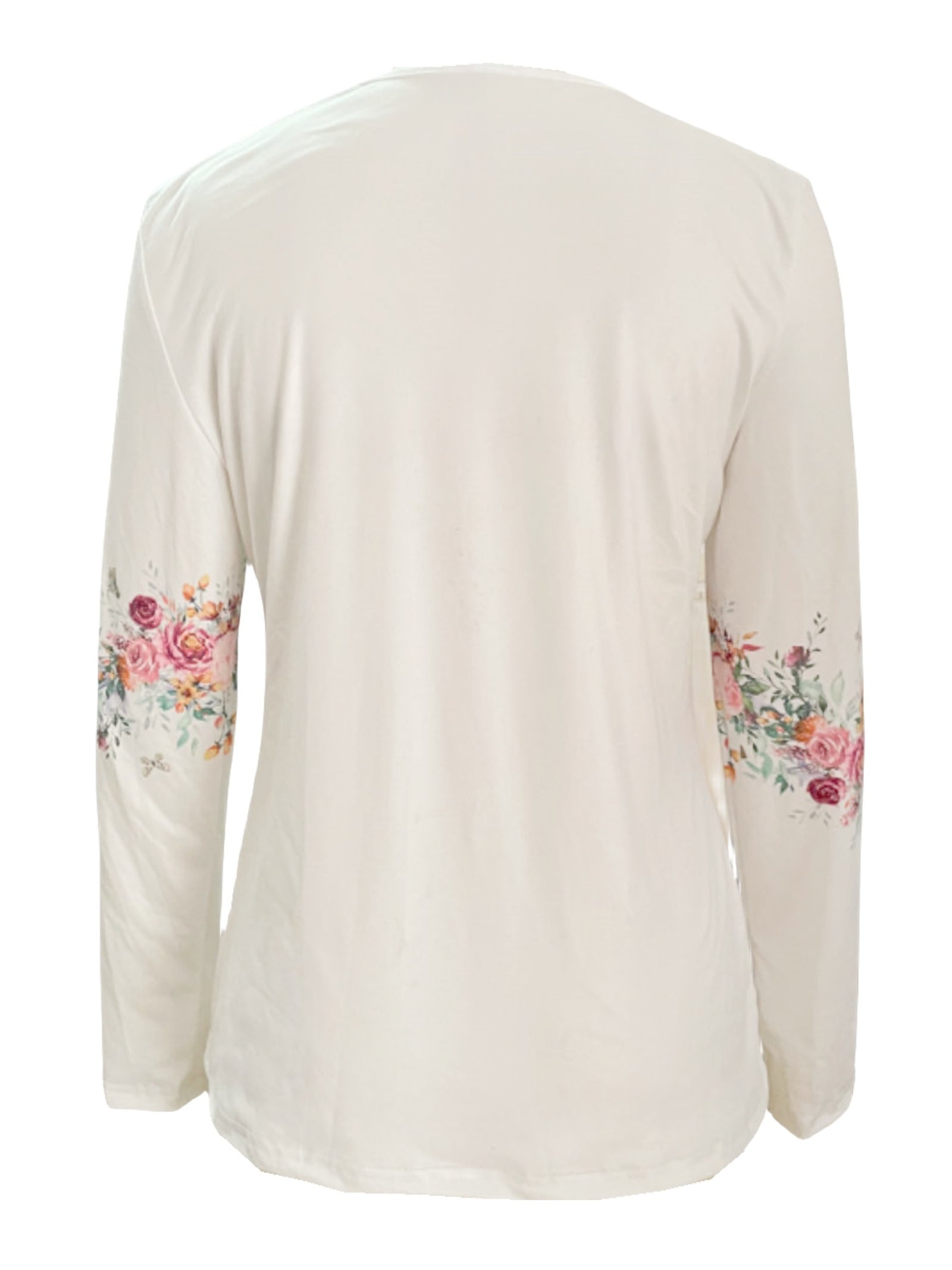 Spring And Autumn New Style White Buttoned Rose Print Long Sleeve T-shirt Casual Top - Image 2