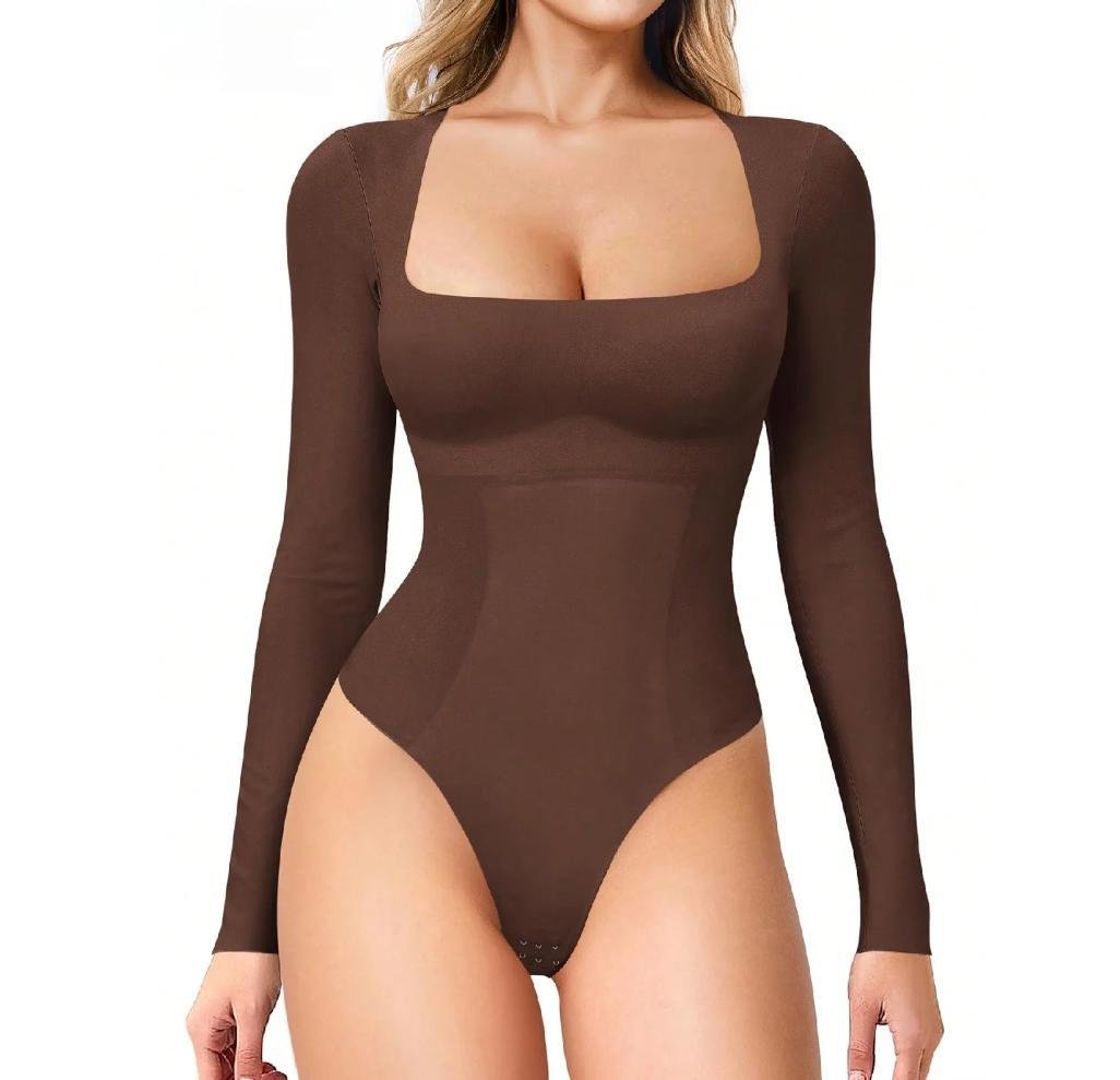 Women's Long Sleeve Square Neck Tummy Shaper Bodysuit Sexy Slimming Elegant Lingerie - Image 5