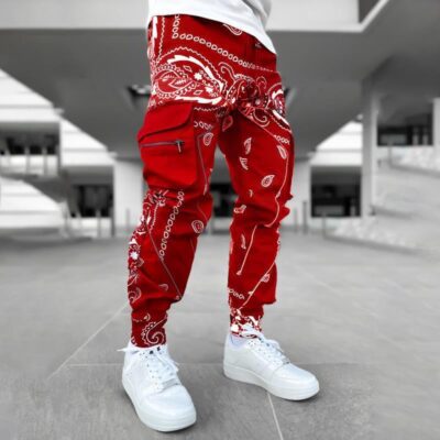 Men's Cashew Flower Print Harem Pants – Loose Fit Multi Pocket Streetwear Cargo Joggers | High Street Baggy Trousers